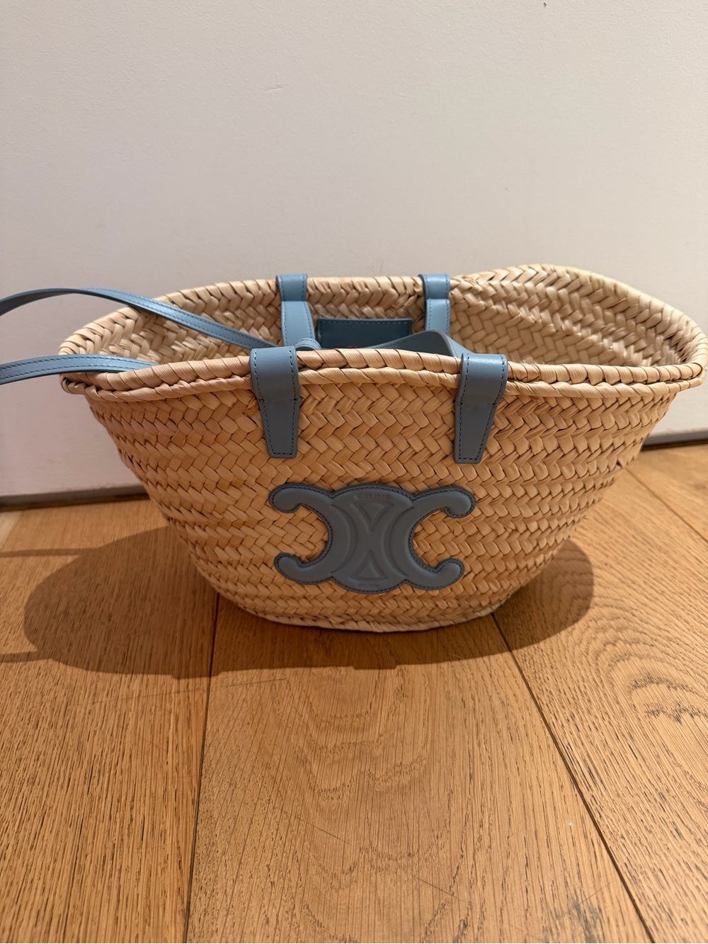 Celine Straw Tote with Light Blue Leather Trim and Logo - Picture 2 of 5